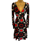 Cream Red Black Grey Geometric Stretch Dress  UK 6