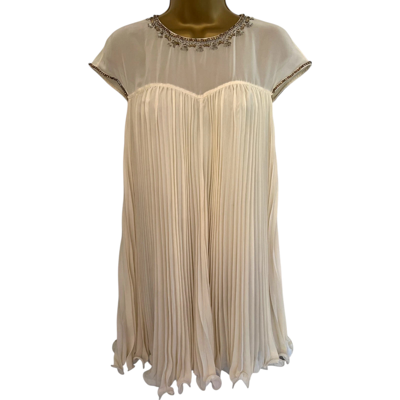 Ted Baker Cream Pleated Chiffon Beaded Dress UK 8