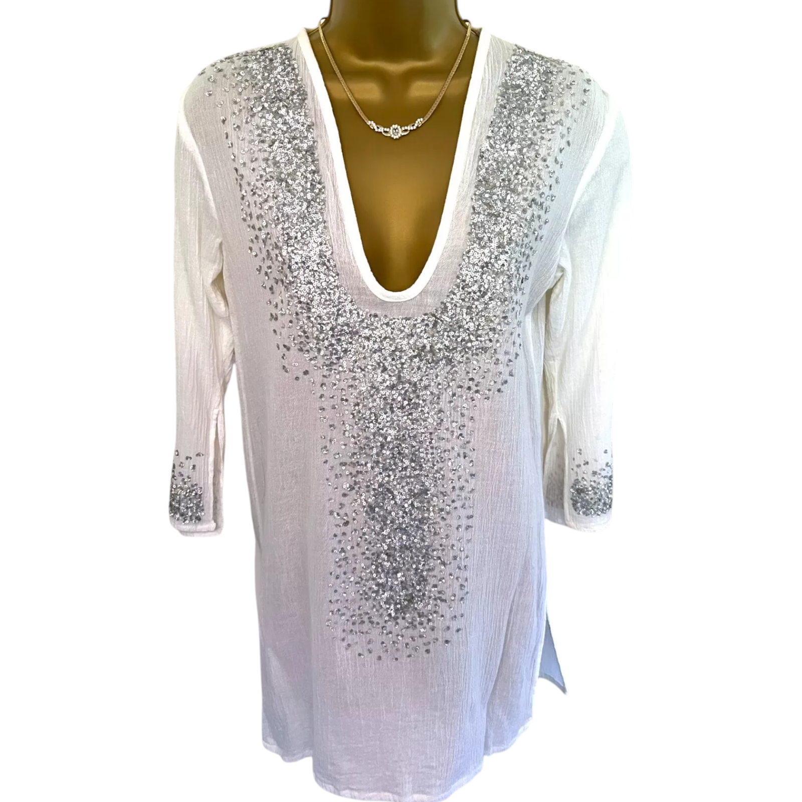 T-Bags Los Angeles Ivory Cheesecloth Silver Sequin Top UK 12