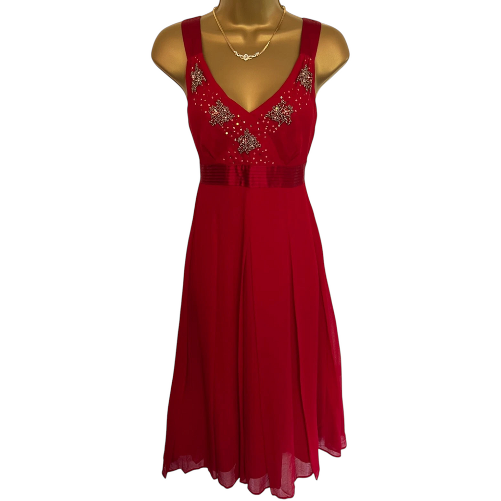 Hobbs Red Silk Beaded Sleeveless Dress UK 8