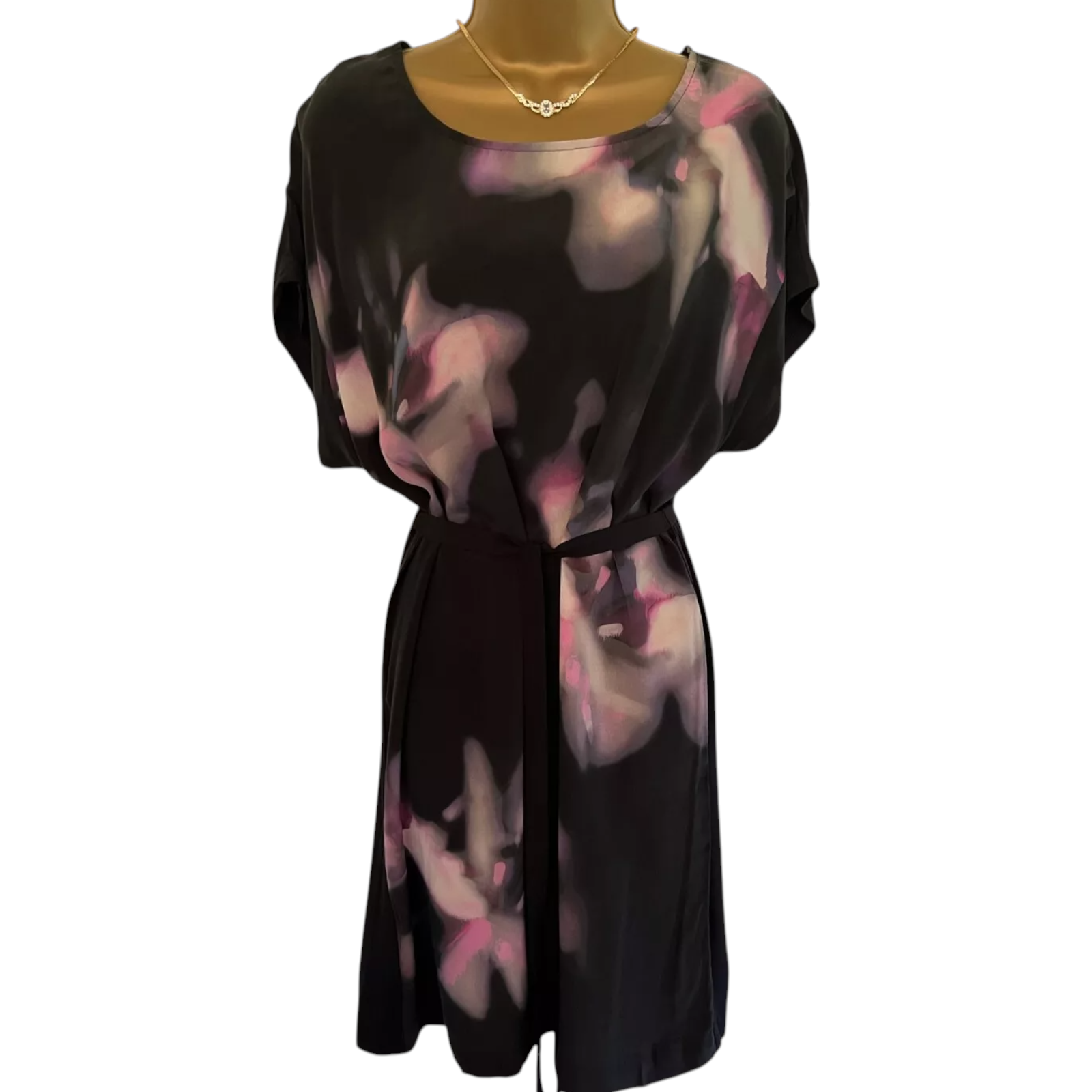 Monsoon Black & Pink Watercolour Floral Silk Dress UK 12