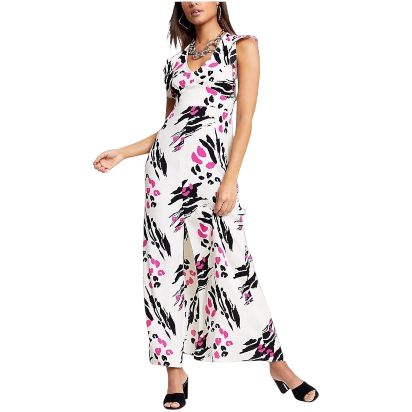 River Island White Pink Print Maxi Dress  UK 10