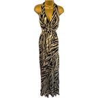 Dusk Frank Usher Gold Black Silk Halter Cocktail Maxi Dress UK 14