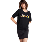 Hush Black Lucky Embroidered Cotton T-Shirt UK 8