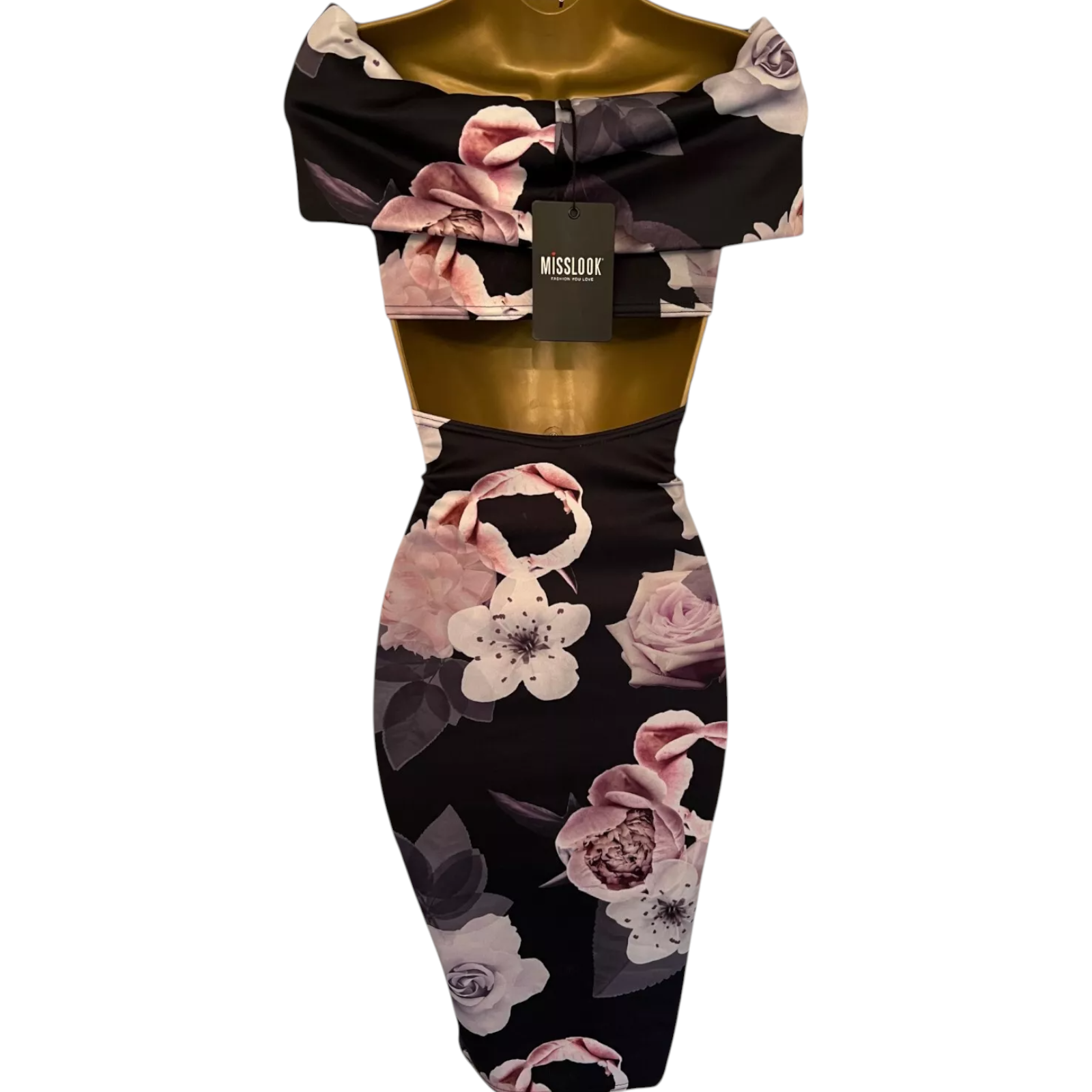 Misslook Black & Pink Floral Bardot Backless Dress UK 10