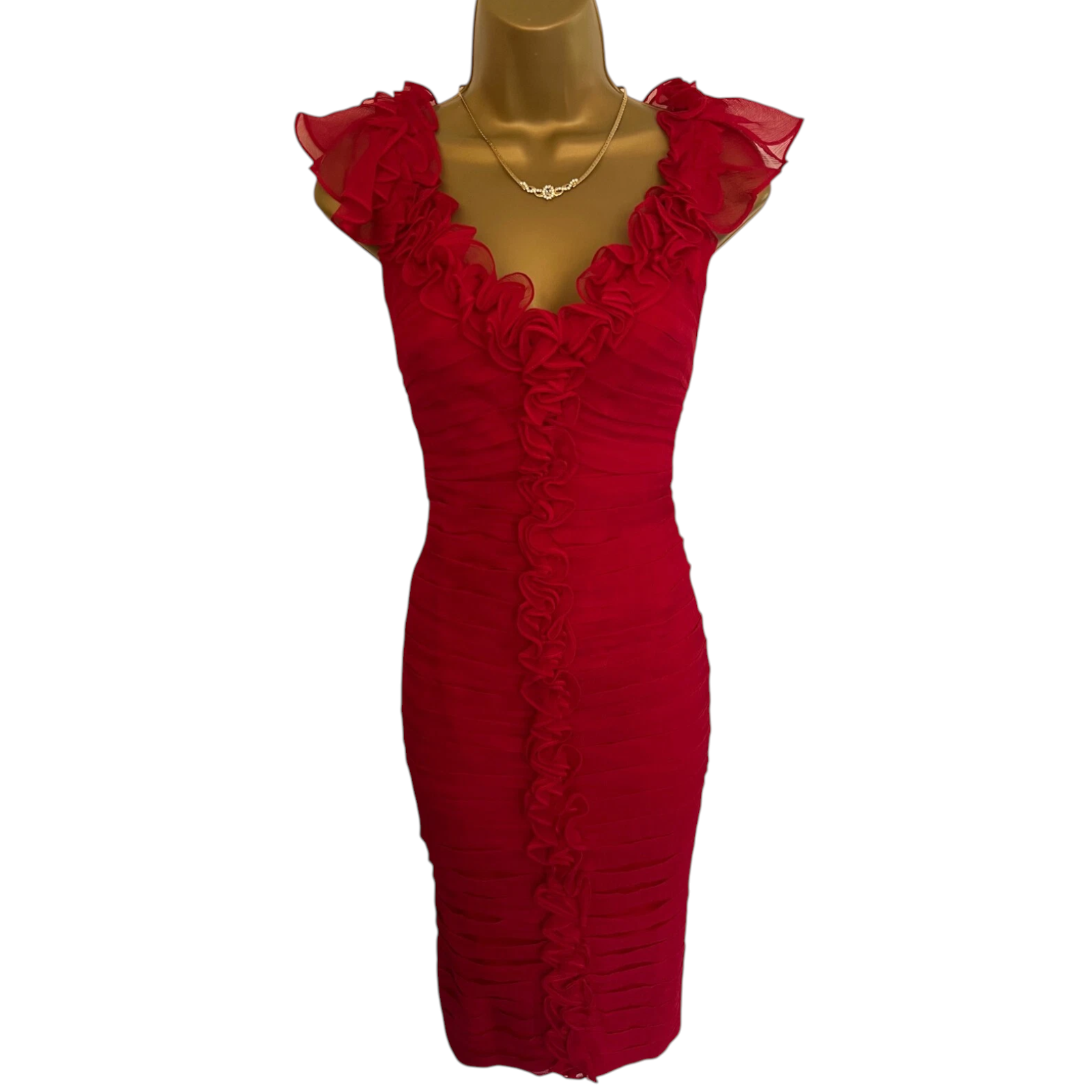 Tadashi Red Silk Sleeveless V Neck Ruffle Dress UK 6
