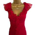 Tadashi Red Silk Sleeveless V Neck Ruffle Dress UK 6