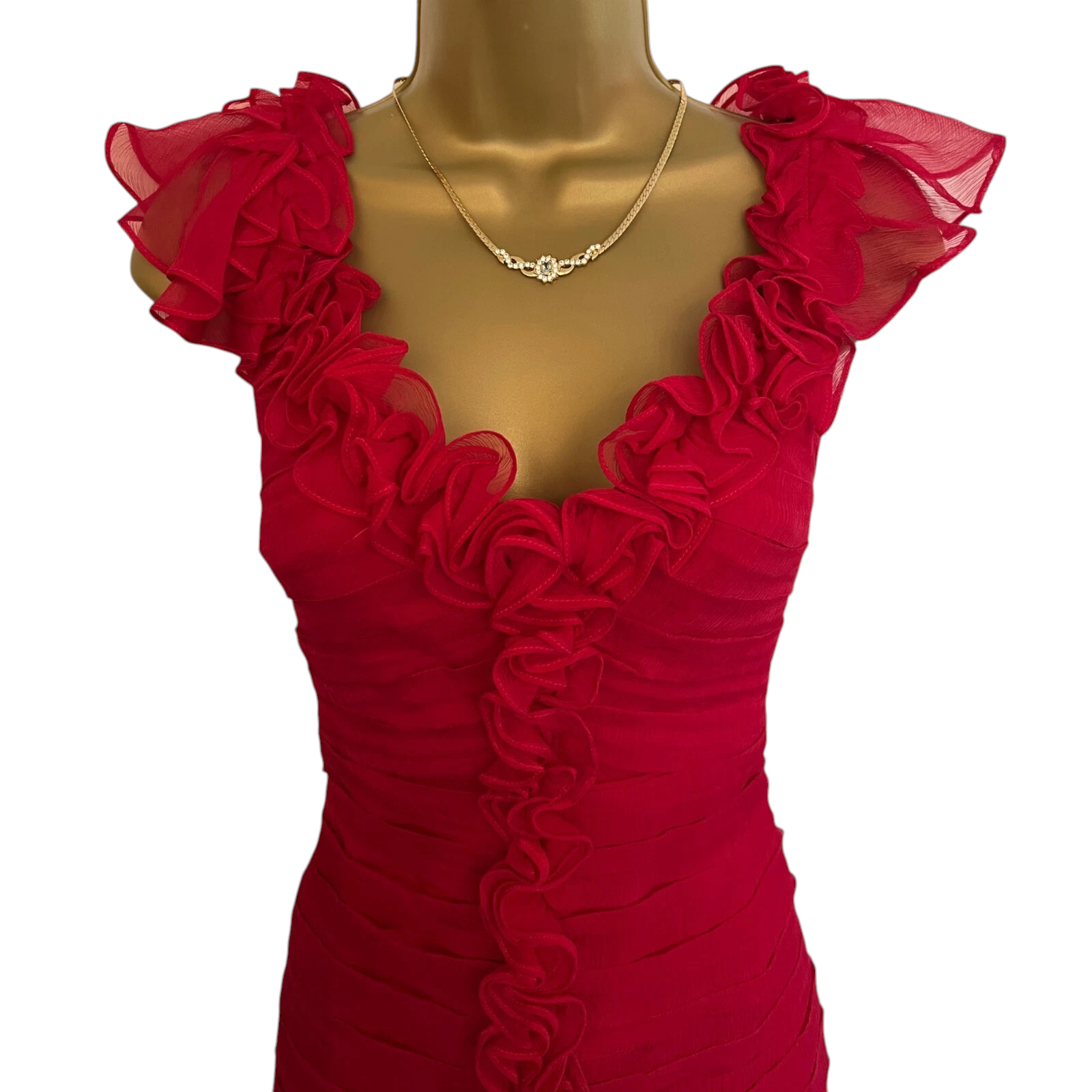 Tadashi Red Silk Sleeveless V Neck Ruffle Dress UK 6