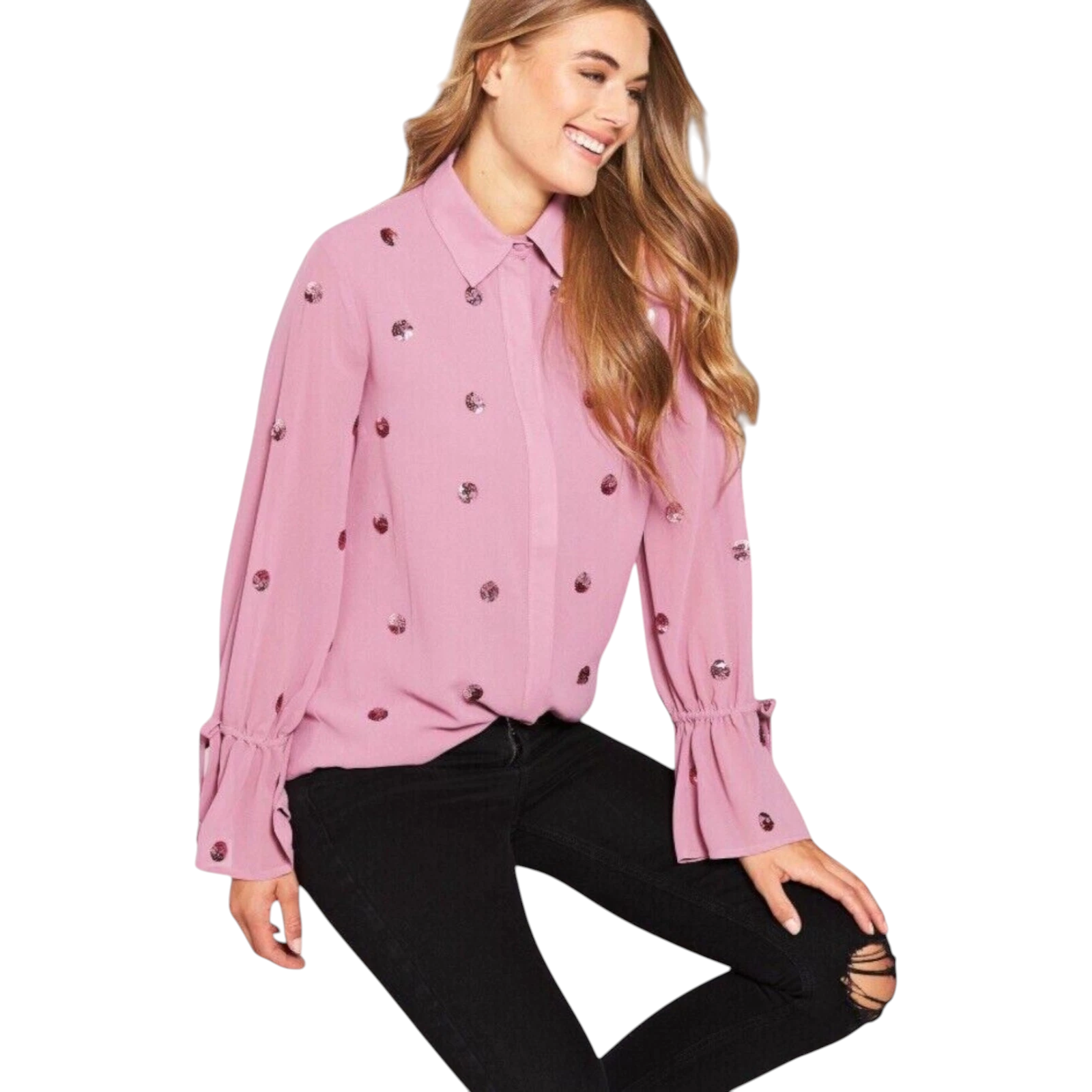 Lost Ink Pink Scatter Spot Sequin Blouse UK 8