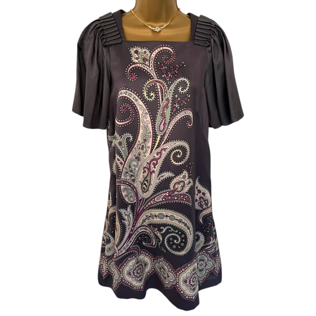 Jaeger Grey Silk Paisley Square Neck Dress UK 8