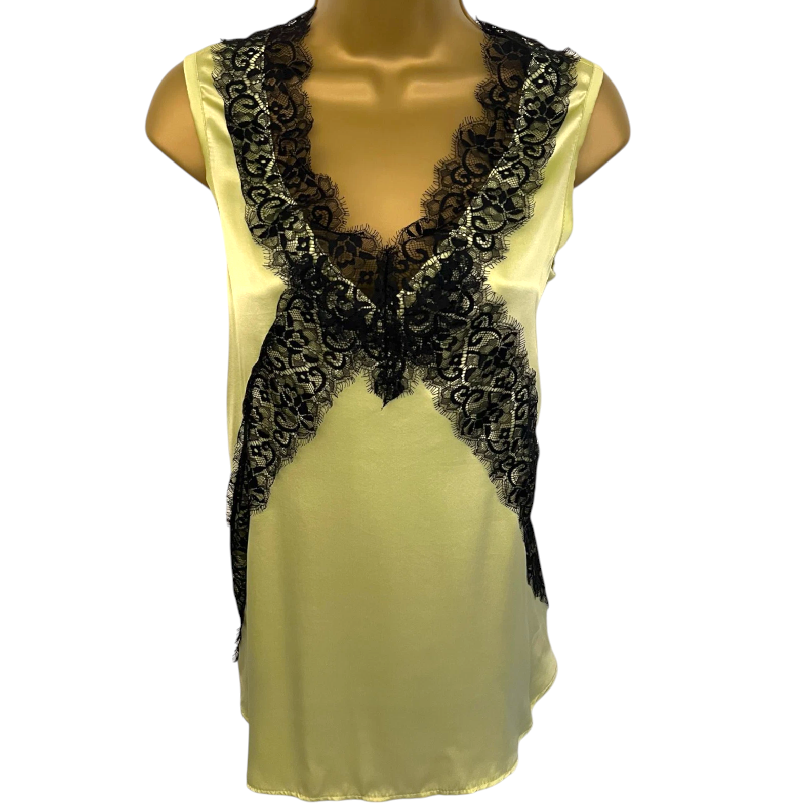 Queenie Lime Yellow Silk Black Eyelash Lace Vest Top UK 12