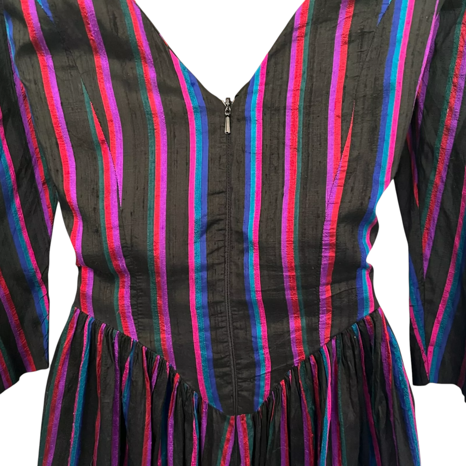 Monsoon Vintage 80's Multicoloured Silk Striped Fit Flare Dress UK 10/12
