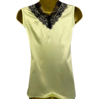 Queenie Lime Yellow Silk Black Eyelash Lace Vest Top UK 12