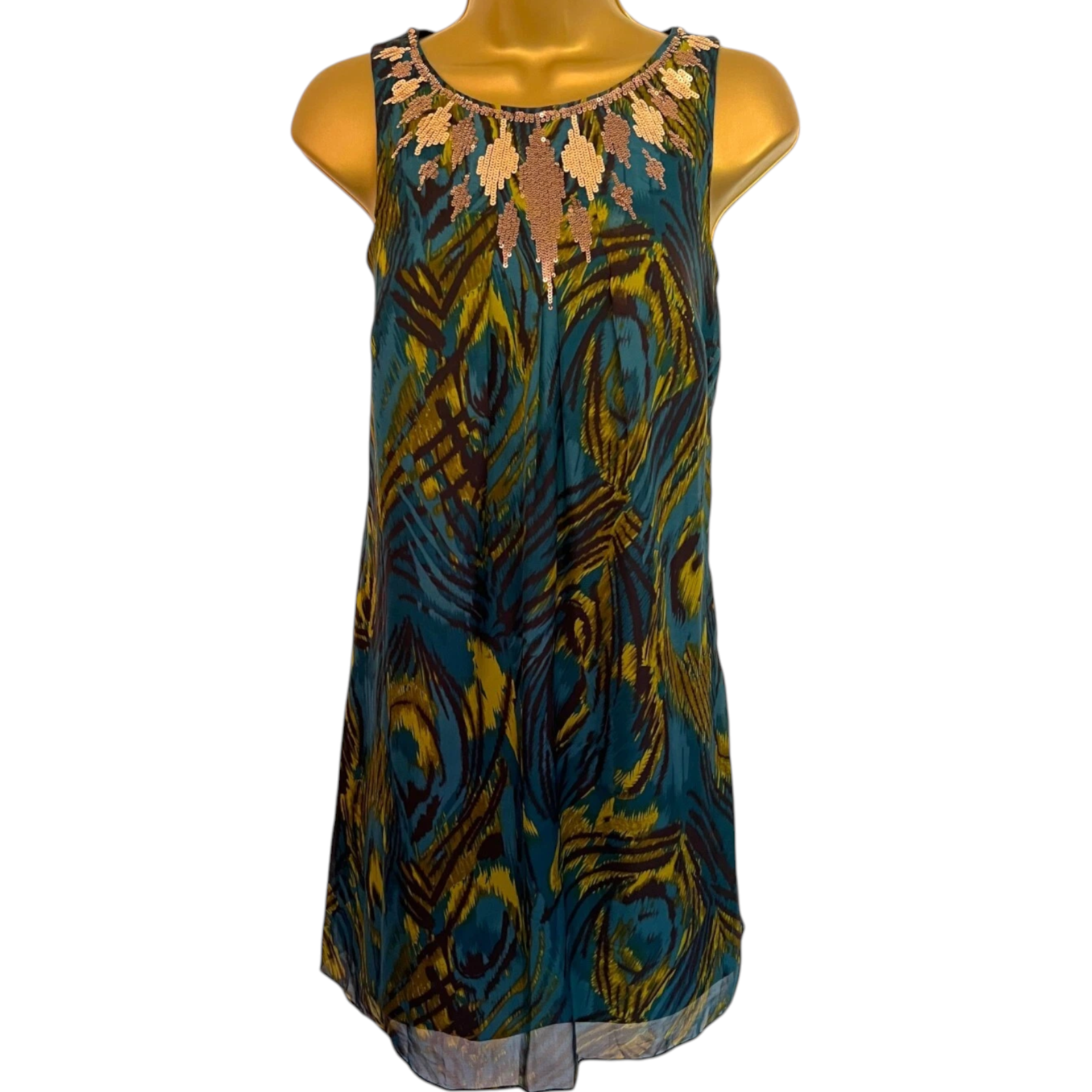 Monsoon Petite Teal Silk Peacock Feather Bronze Sequin Dress UK 6