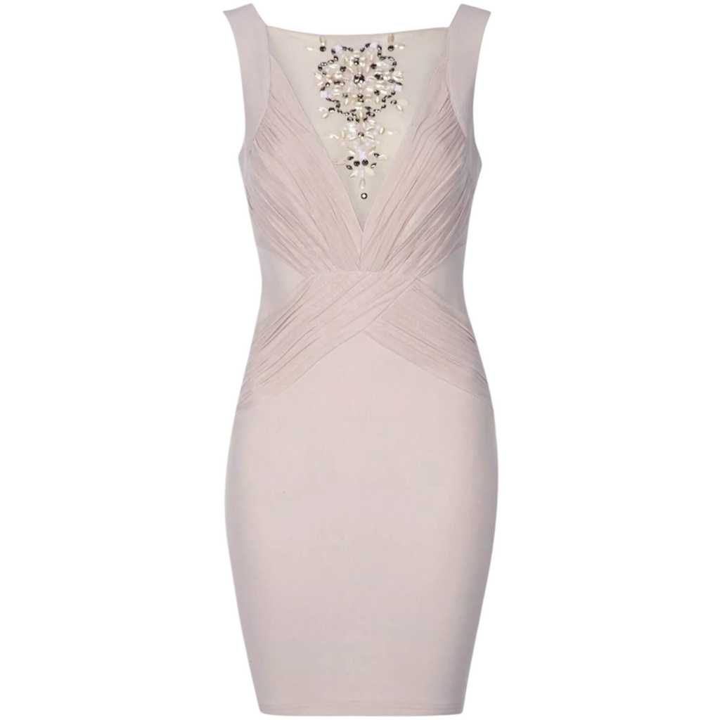 Lipsy Blush Ruched Mesh Beaded V Back Dress UK 10