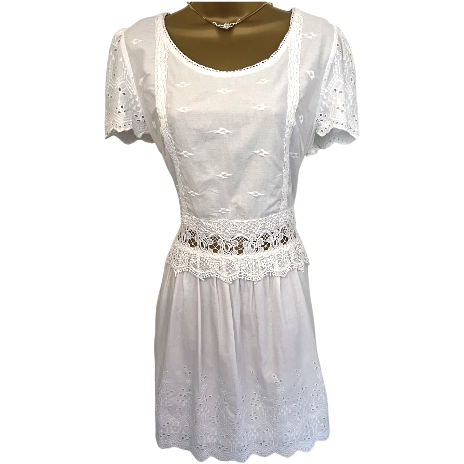 Frock And Frill White Embroidery Anglaise Cotton Dress UK 14