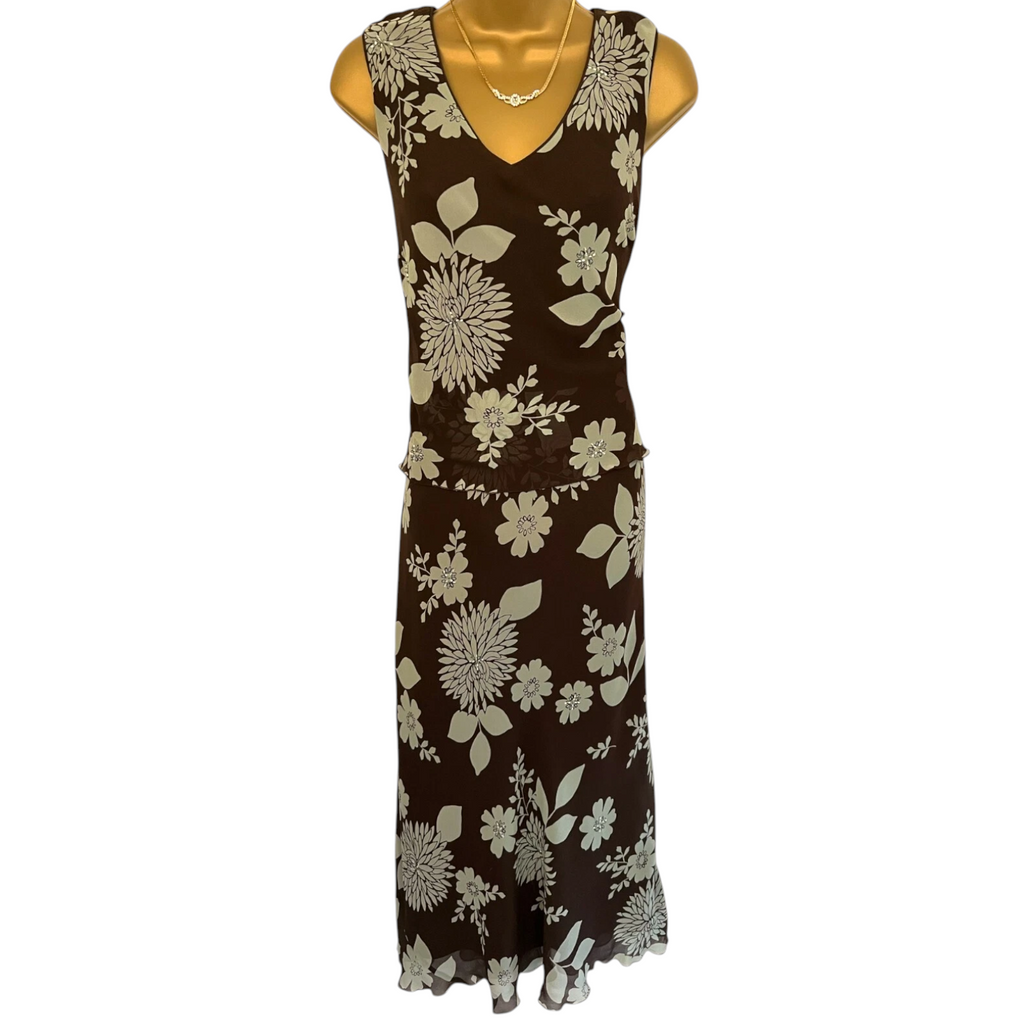 Country Casuals Brown & Green Floral Silk Dress UK 14