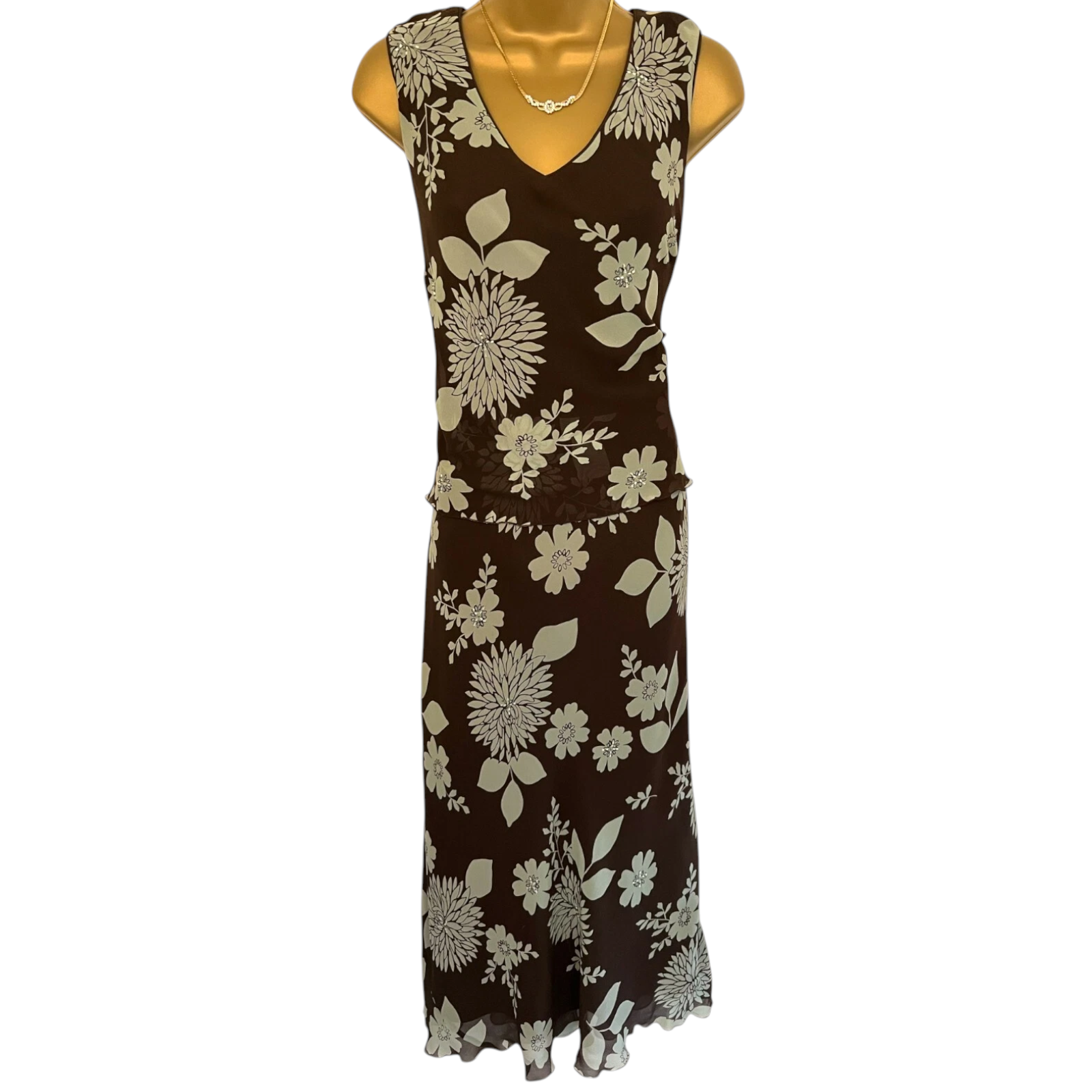 Country Casuals Brown & Green Floral Silk Dress UK 14