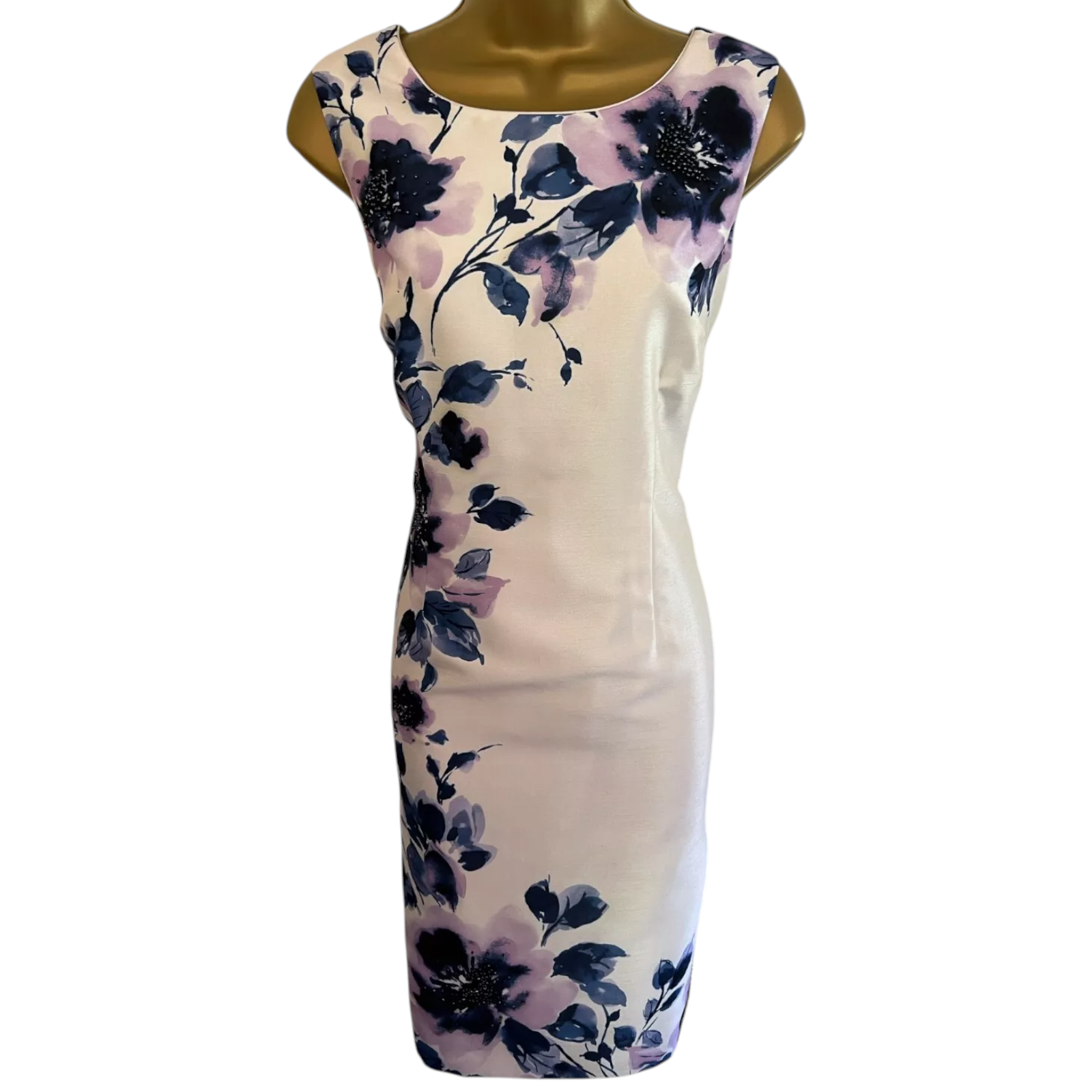Jacques Vert Ivory Navy Lilac Floral Beaded Shimmer Dress UK 10