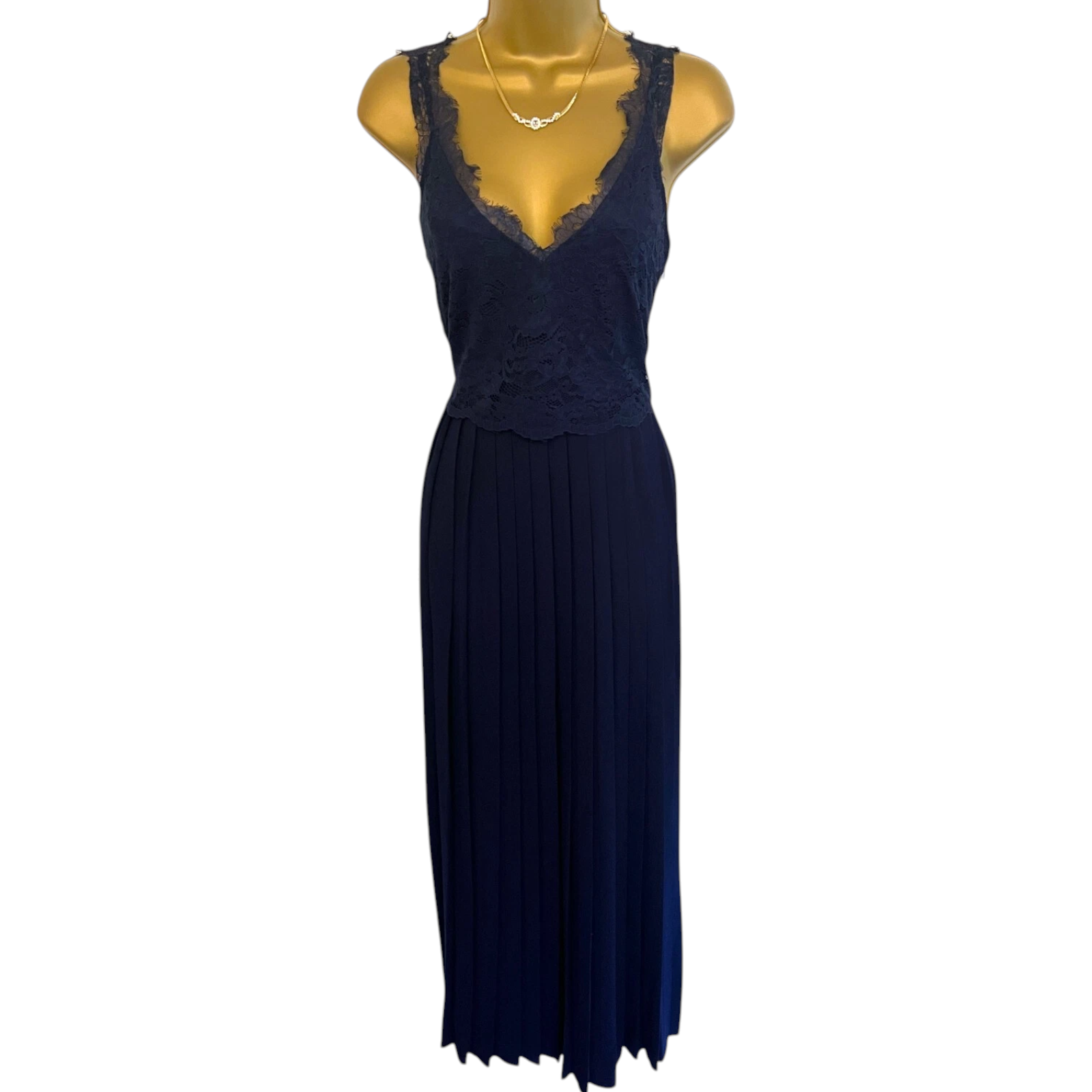 Little Mistress Navy Lace V Neck Pleated Dress UK 8