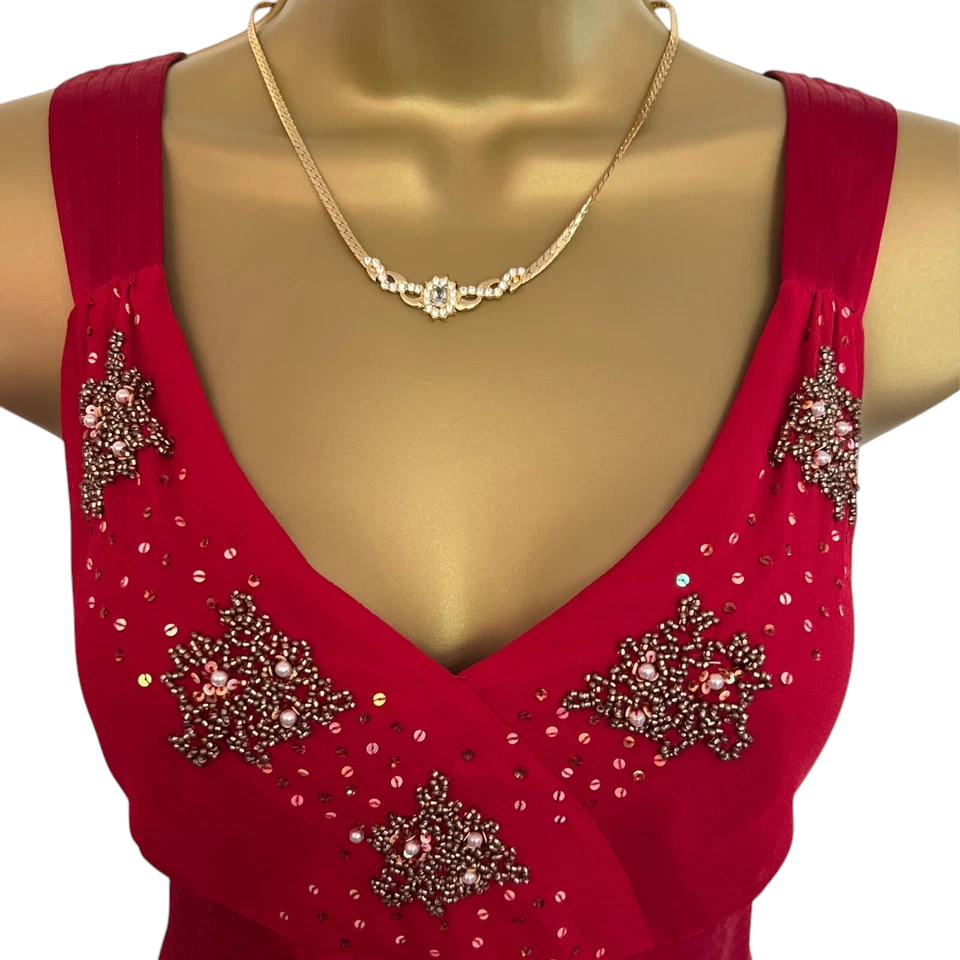 Hobbs Red Silk Beaded Sleeveless Dress UK 8