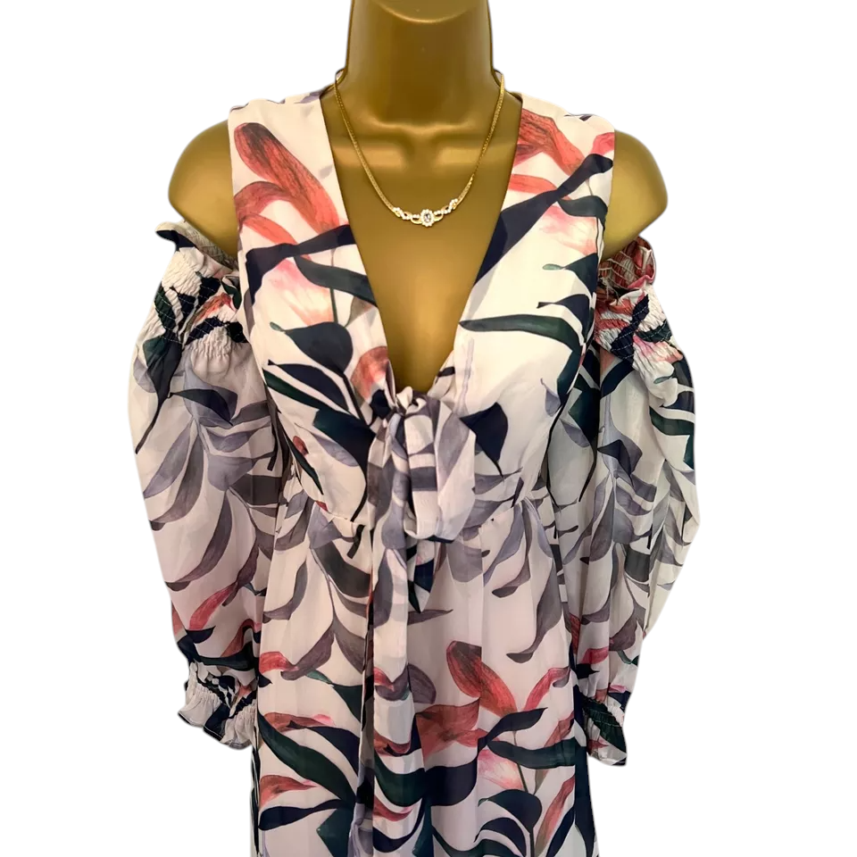 Lost Ink Ivory Floral Cold Shoulder Maxi Dress UK 6