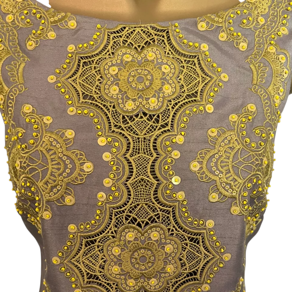 Monsoon Taupe Yellow Sequin Bead Sleeveless A-line Dress UK 8