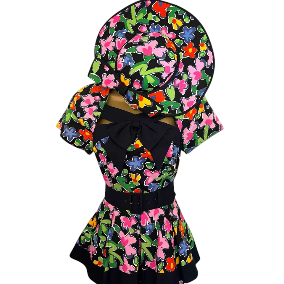Simon Ellis Vintage Floral Dress Matching Hat 1980s  UK 10