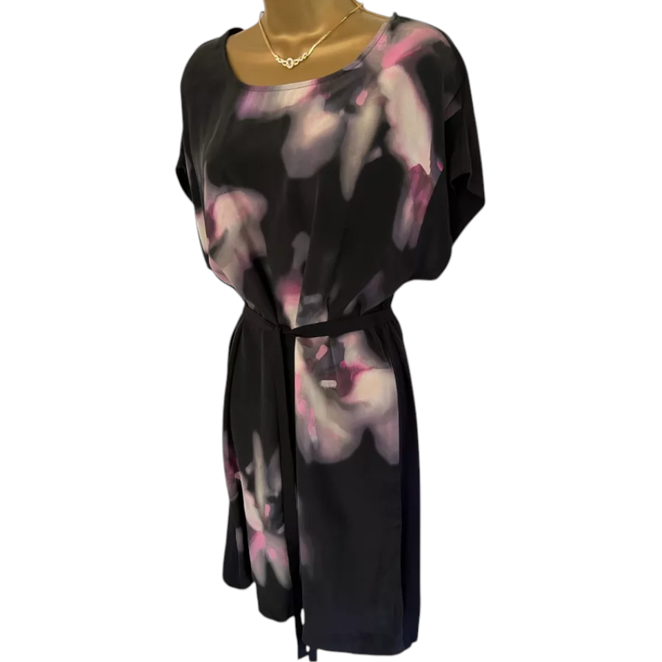Monsoon Black & Pink Watercolour Floral Silk Dress UK 12