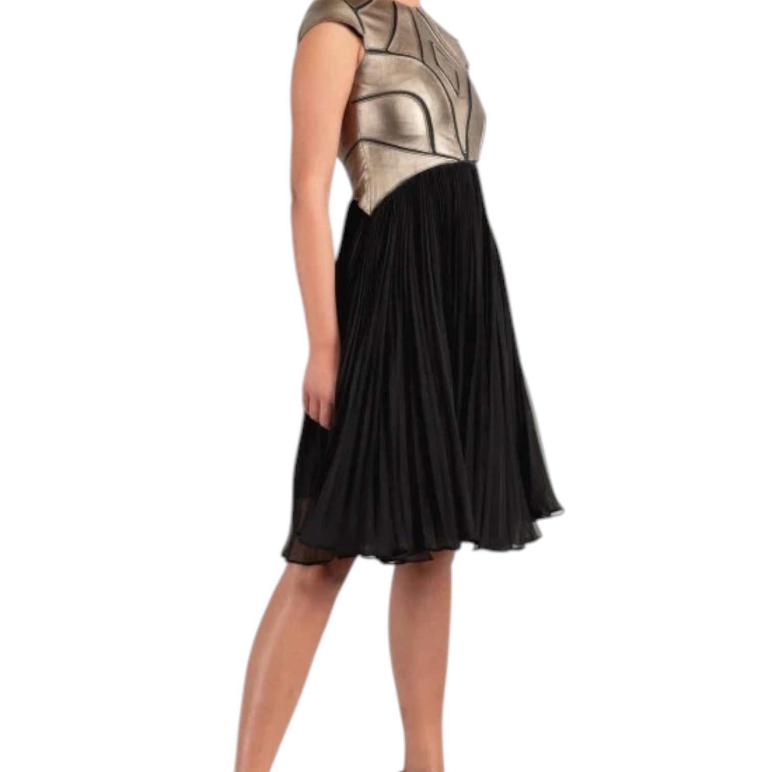 Catherine Deane Gold Leather Black Chiffon Pleated Dress UK 14