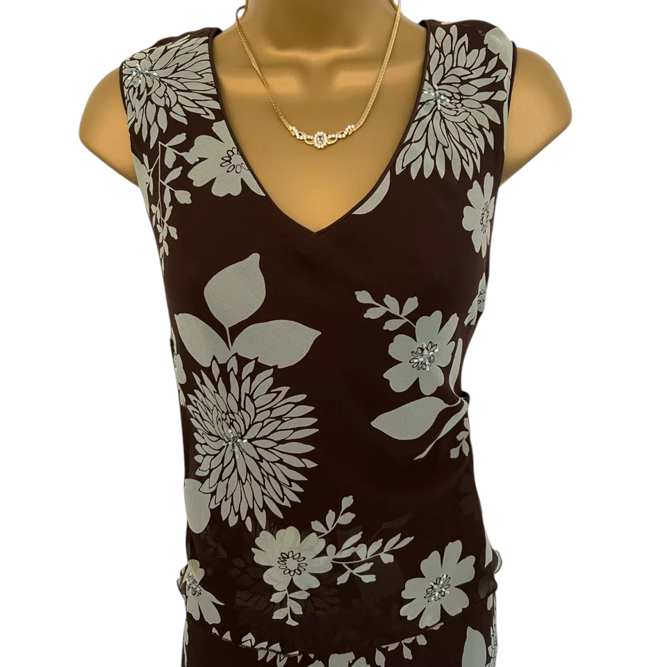 Country Casuals Brown & Green Floral Silk Dress UK 14