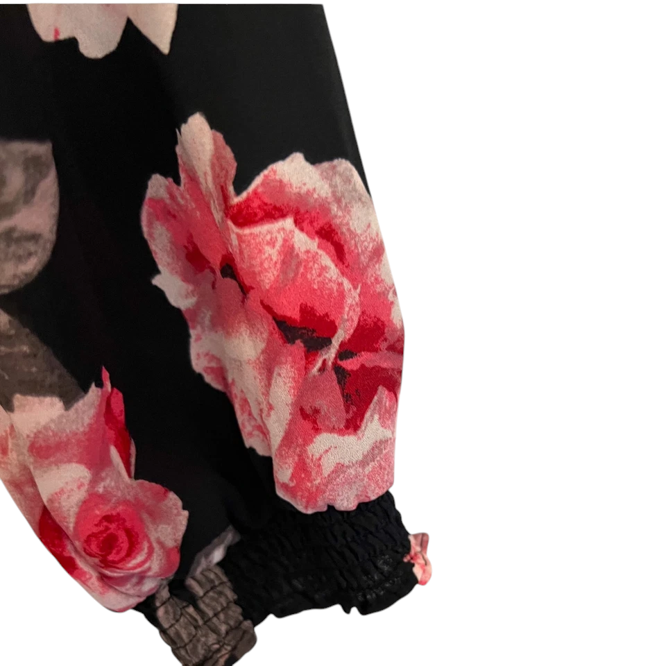 H&M Black Pink Chiffon Floral Long Top UK 8