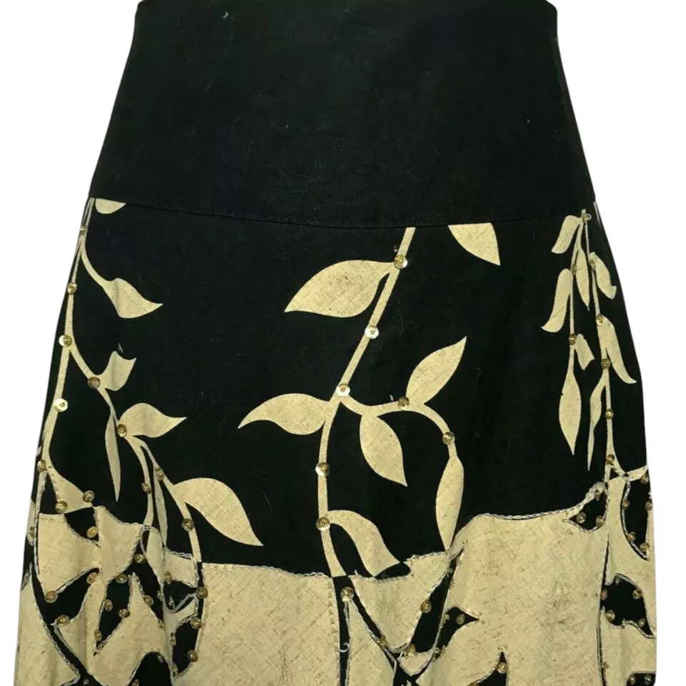 RED Black Beige Leaf Print Sequin Linen Skirt UK 12