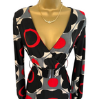 Cream Red Black Grey Geometric Stretch Dress  UK 6