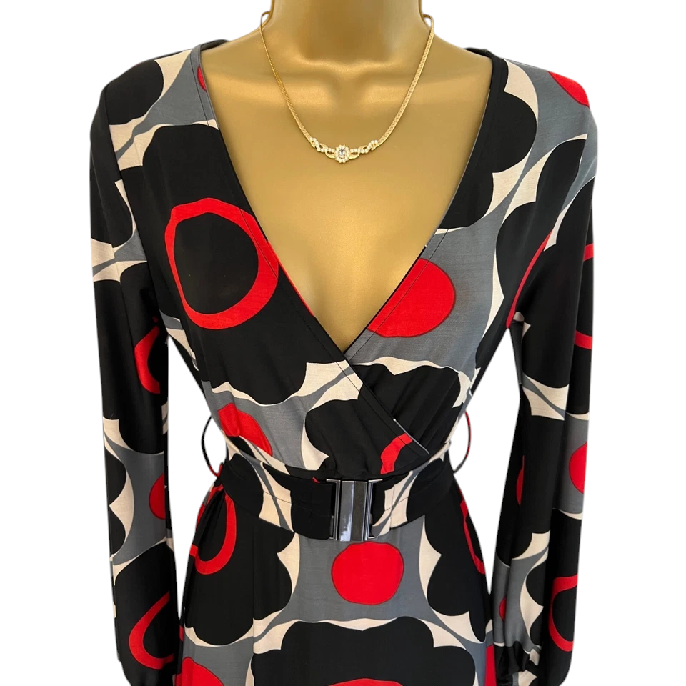 Cream Red Black Grey Geometric Stretch Dress  UK 6