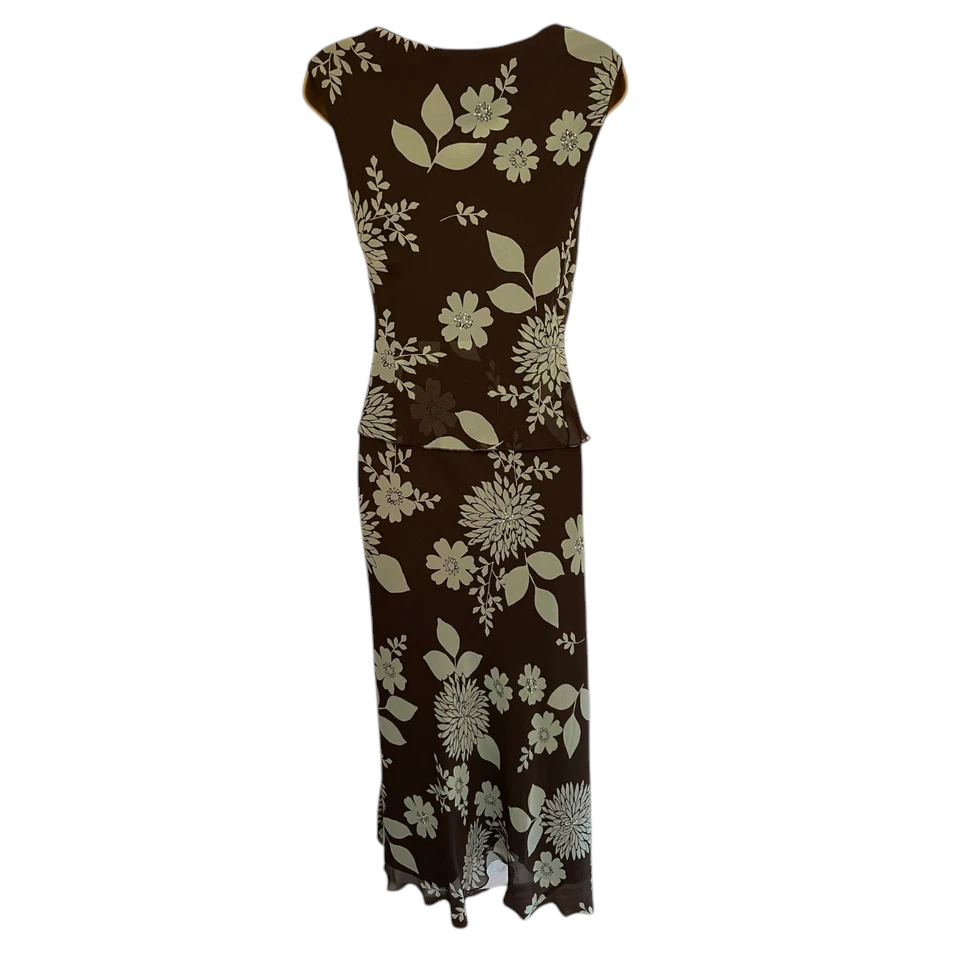 Country Casuals Brown & Green Floral Silk Dress UK 14