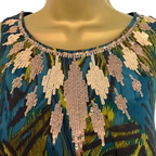 Monsoon Petite Teal Silk Peacock Feather Bronze Sequin Dress UK 6