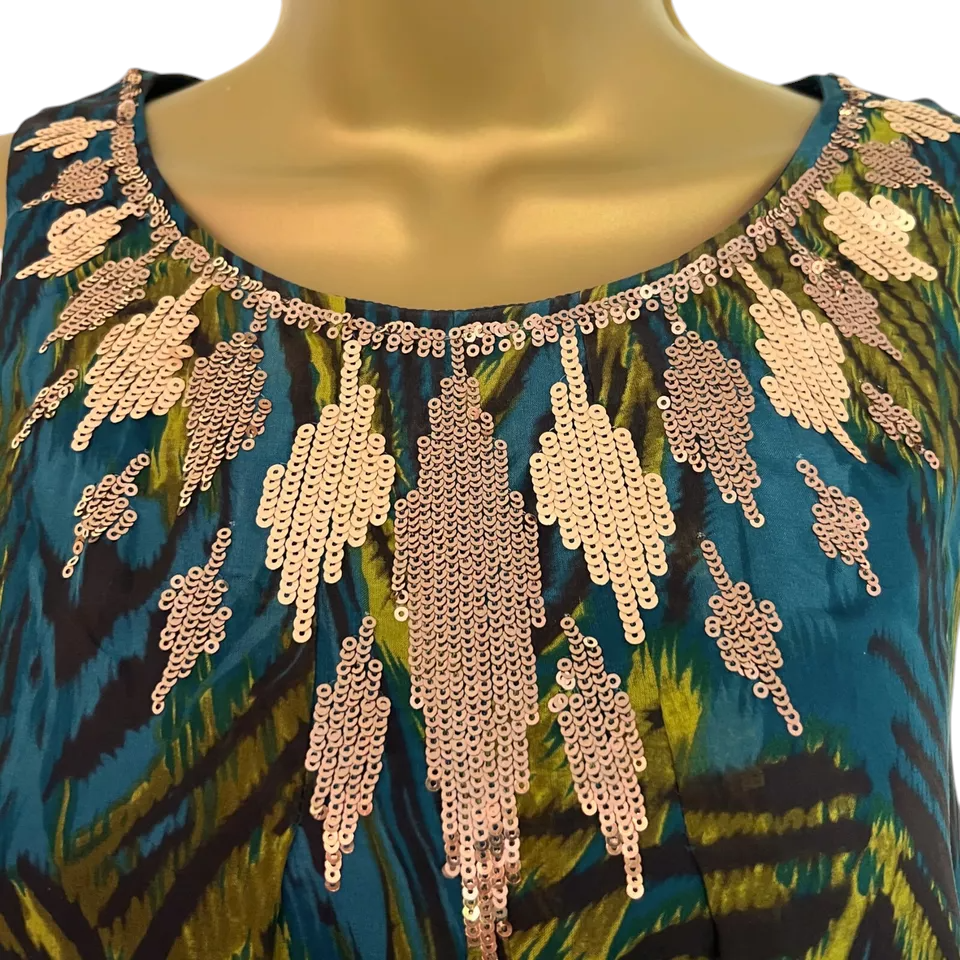 Monsoon Petite Teal Silk Peacock Feather Bronze Sequin Dress UK 6