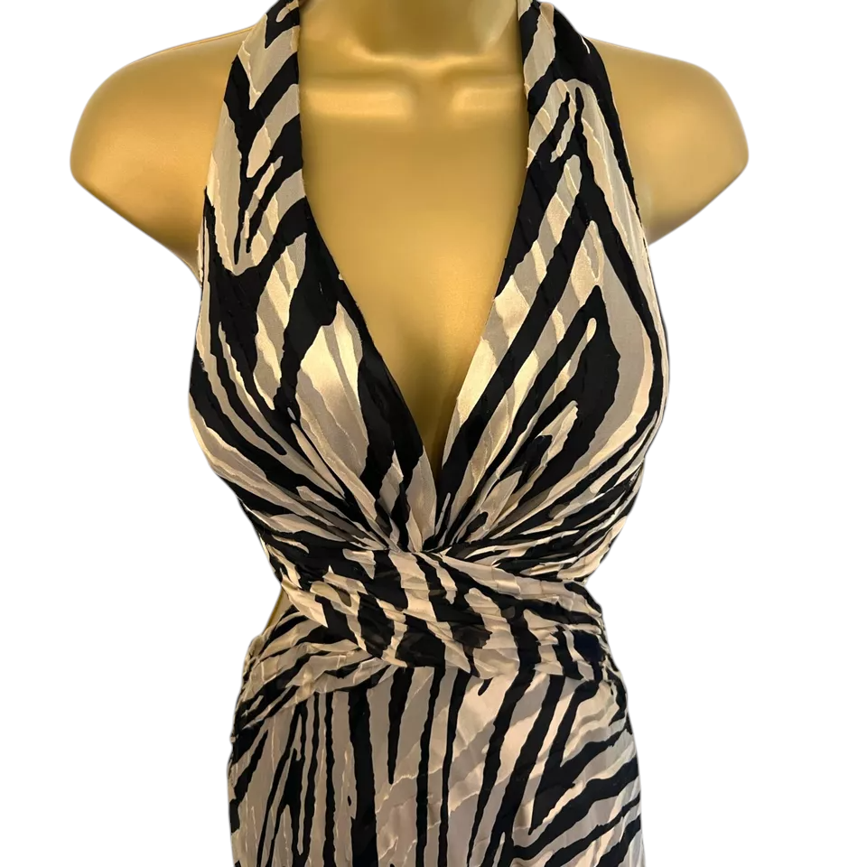 Dusk Frank Usher Gold Black Silk Halter Cocktail Maxi Dress UK 14