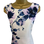 Jacques Vert Ivory Navy Lilac Floral Beaded Shimmer Dress UK 10