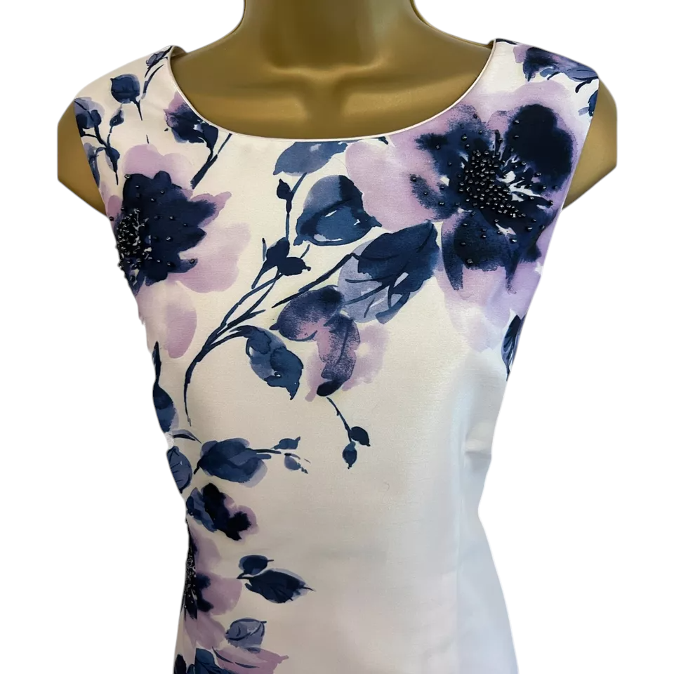 Jacques Vert Ivory Navy Lilac Floral Beaded Shimmer Dress UK 10