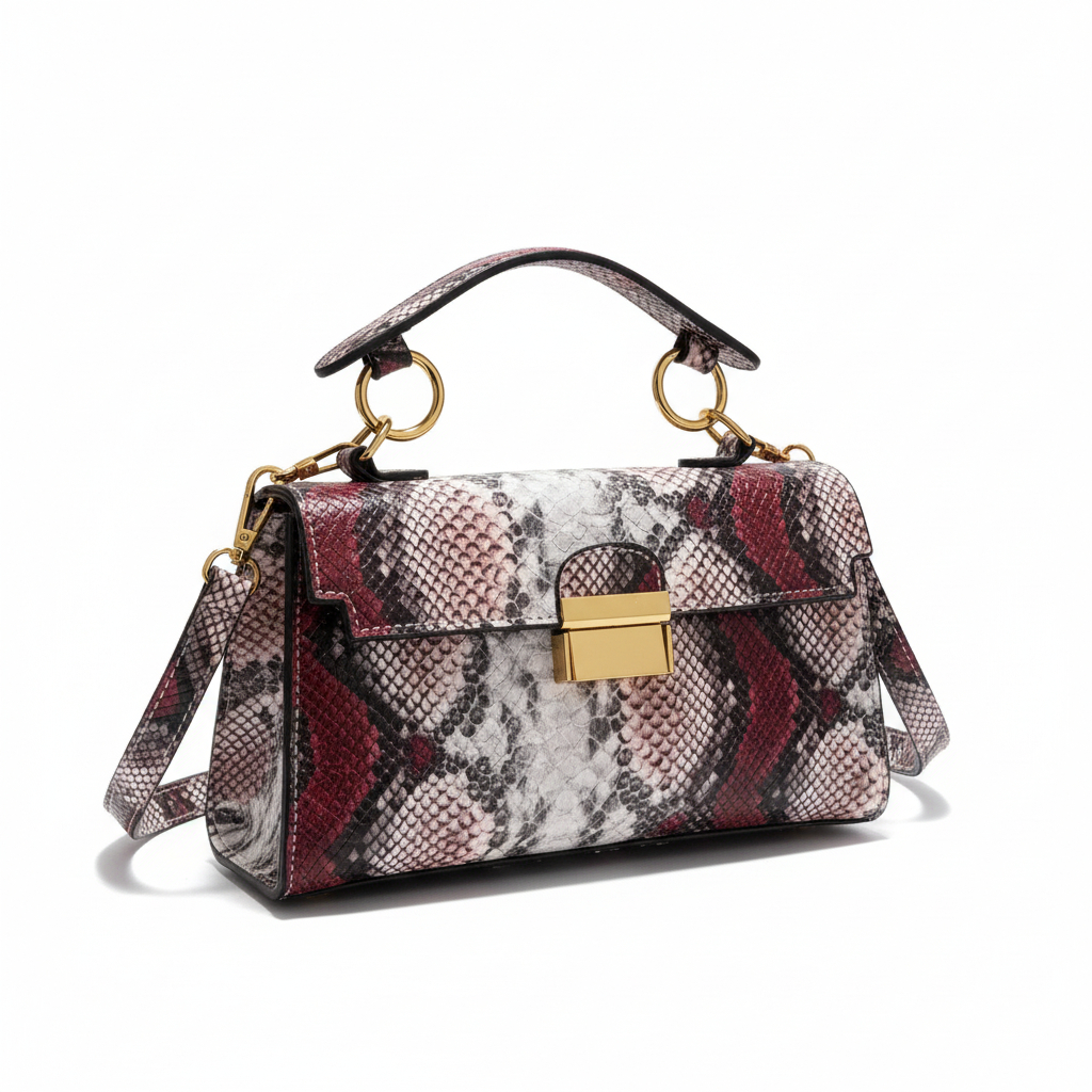 Snake Print Handbag Detachable Strap & Golden-Tone Hardware - NEW