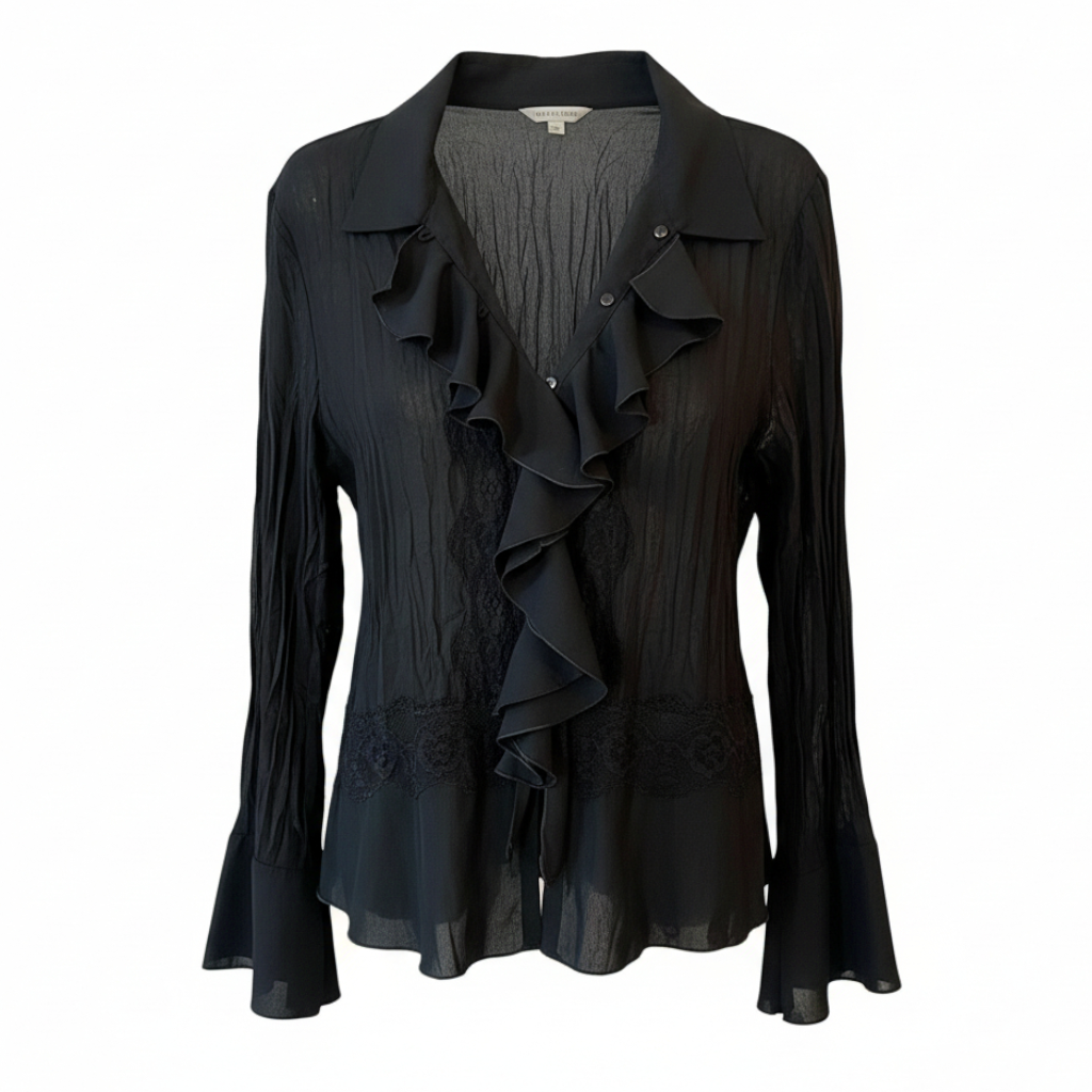White Stag Vintage Black Chiffon Ruffle Blouse UK 12/14