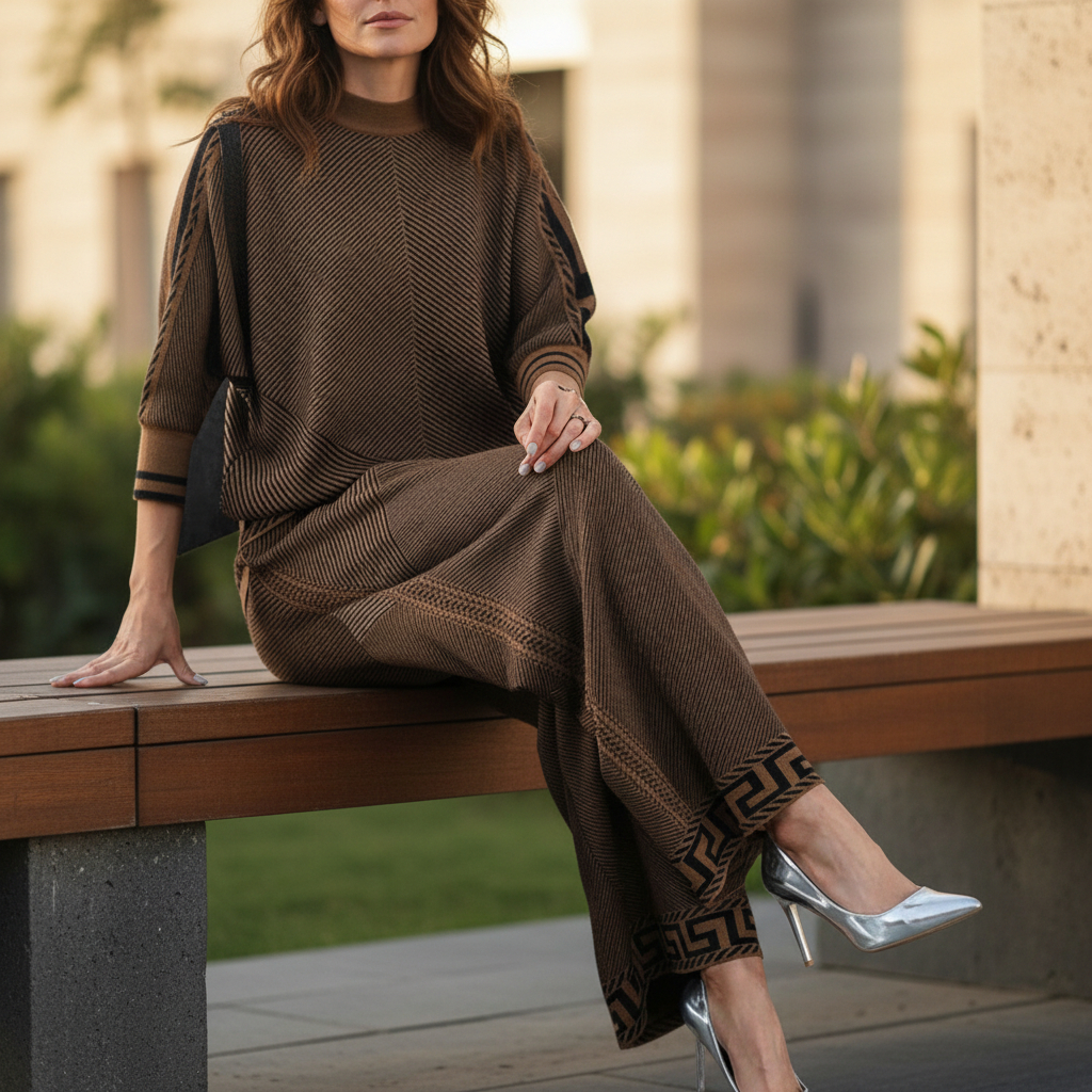Stylewe Brown & Black Geo Knit Wide Leg Trousers UK 12