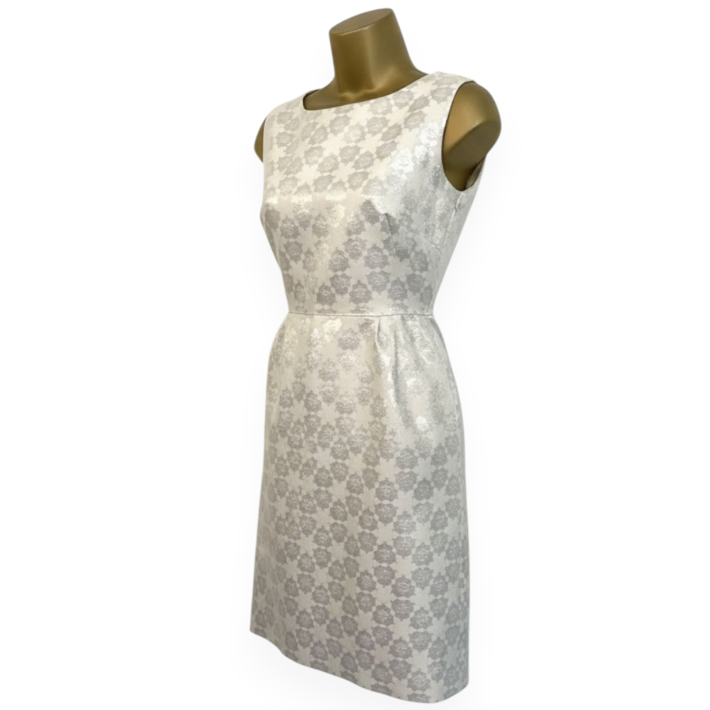 Tara Jarmon White Silver Jacquard Sleeveless Dress UK 10