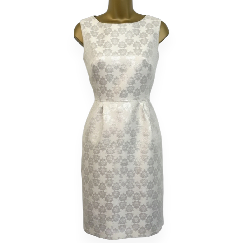 Tara Jarmon White Silver Jacquard Sleeveless Dress UK 10
