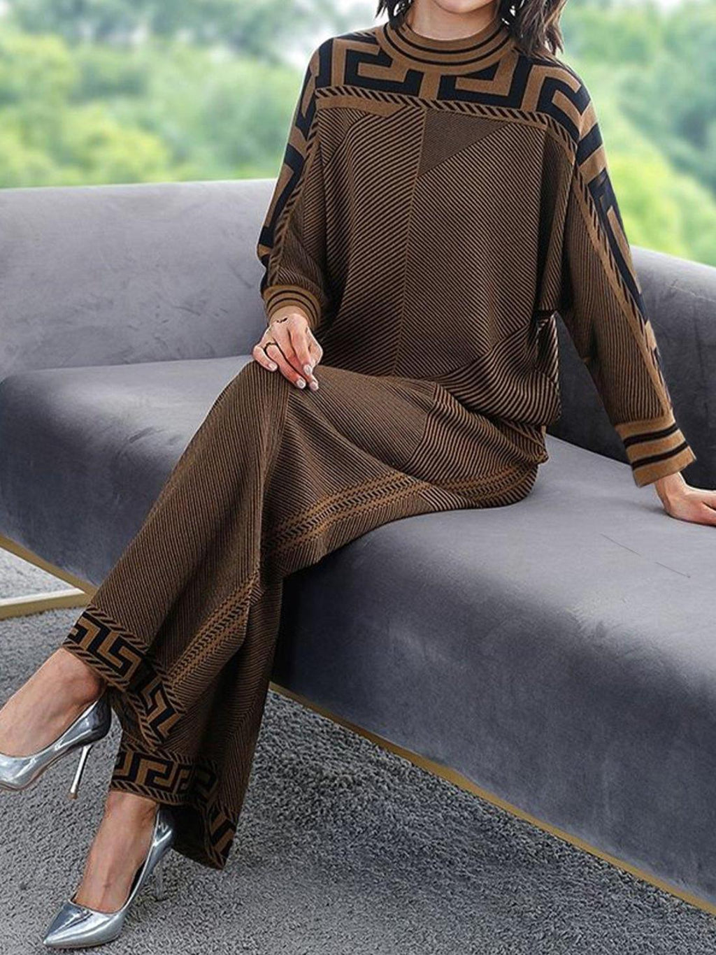 Stylewe Brown & Black Geo Knit Wide Leg Trousers UK 12