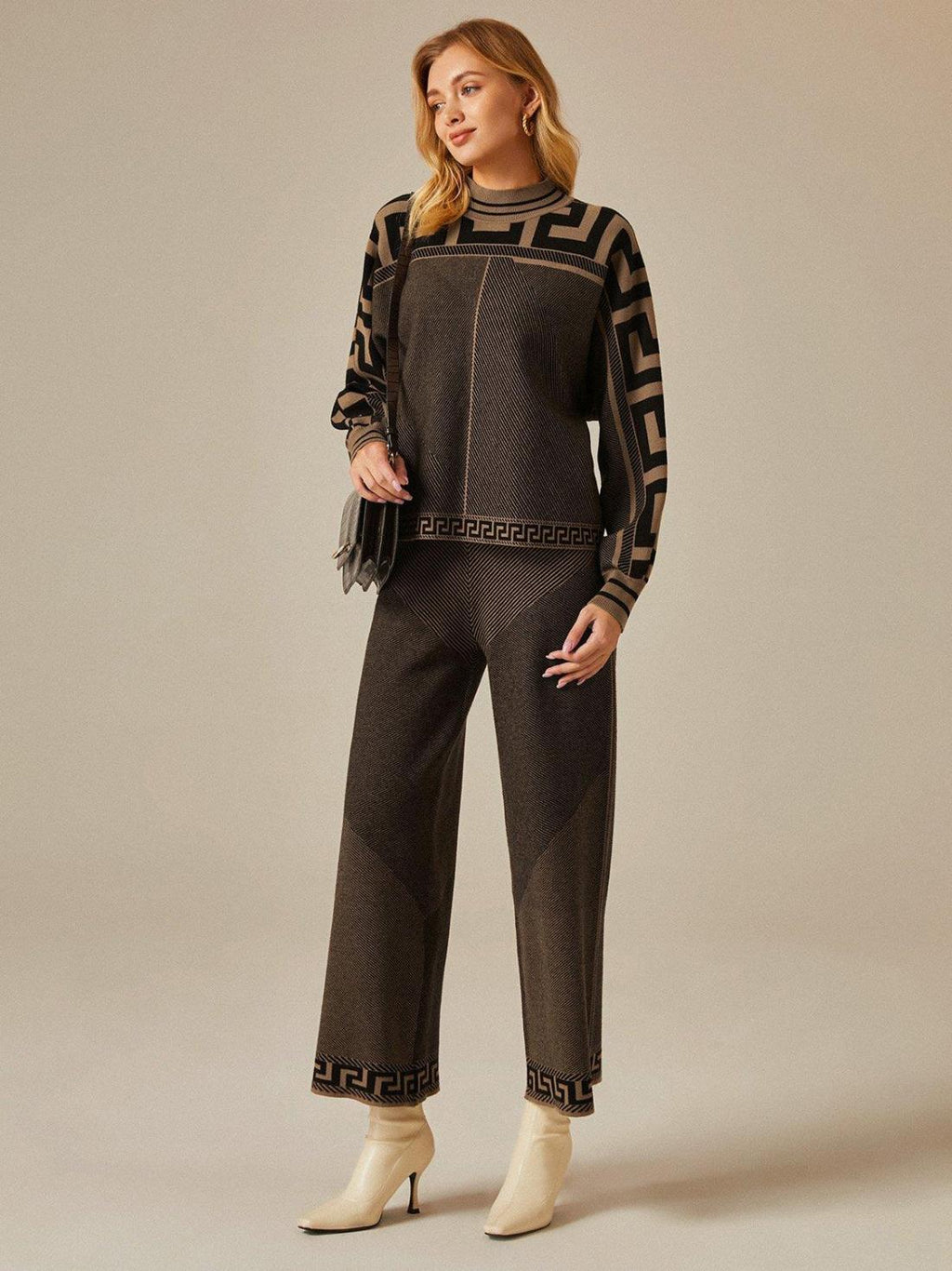 Stylewe Brown & Black Geo Knit Wide Leg Trousers UK 12